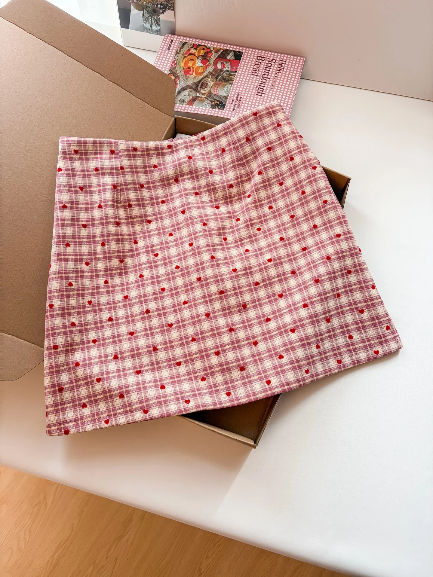 

High Waist A-Line Skirt Women's Sweet Style Heart Print Checkered Casual Slimming Skirts Korean Style Commute
