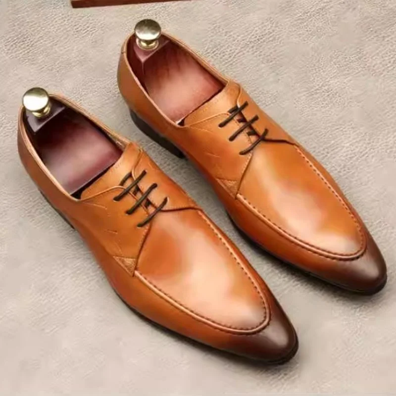 Fashion Men's Business Formal Shoes Luxury Handmade Lace-up Pointed Toe Leather Dress Shoes Man Genuine Leather Derby Mocassins