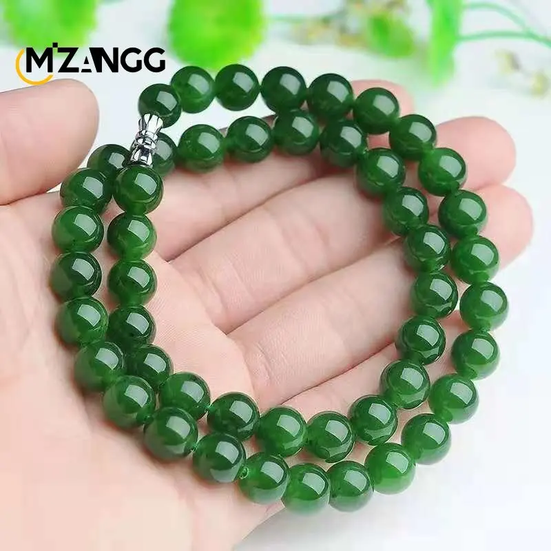Natural Chinese Green Jade Necklace Hetian Jade Jasper Spinach Green Round Beads Sweater Chain Luxury Charm Jewelry Lady\'s Gift
