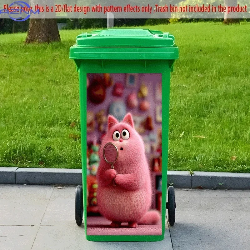 PC 2D Flat Self-Adhesive Trash Can Sticker, Pink Cat Exploring Under a Magnifying Glass Decorative Sticker, Creative Trash Can