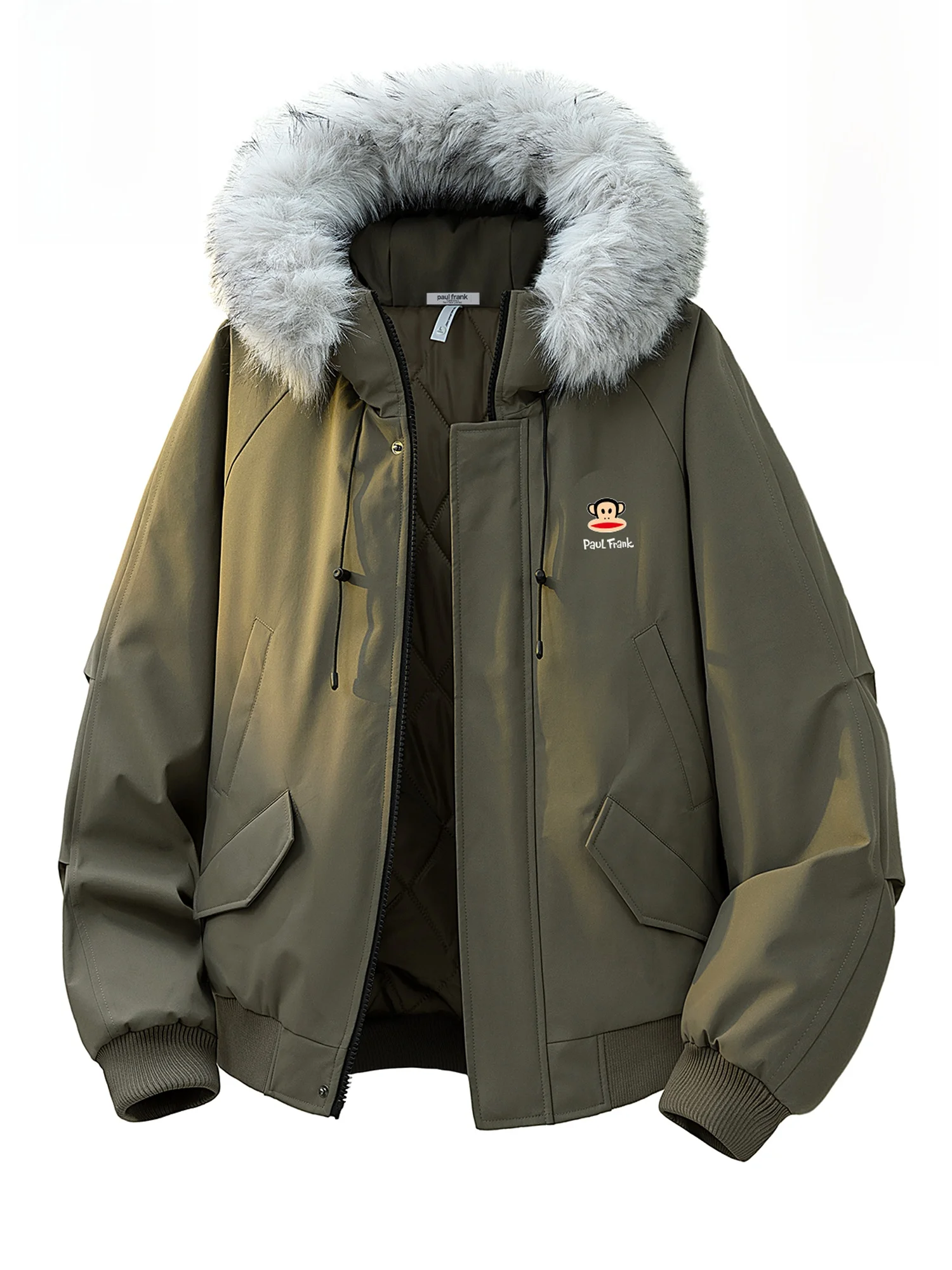 

Мужская зимняя повседневная теплая куртка Paul Frank из утолщенного хлопка с капюшоном, в стиле ретро-спецодежды, с дизайном обезьяны с большим ртом, полиэстер