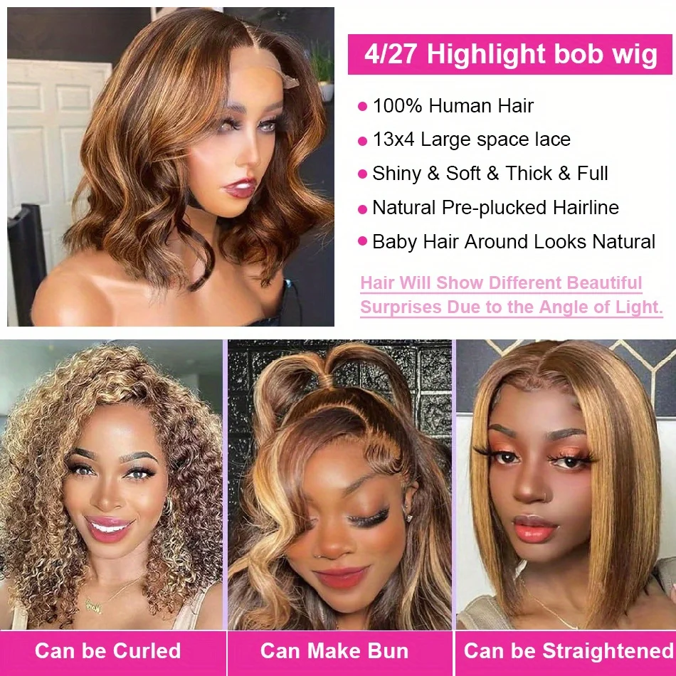 Short Bob Wig with Highlighted Lace Front – Ombré Honey Blonde, 13x4 HD Lace, Brazilian Virgin Human Hair, Pre-Plucked Hairline