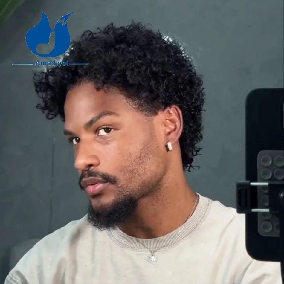 Amethyst Pre Styled Natural Black Short Pixie Cut 13x6 Lace Front Wig Brazilian Remy Hair Pre Plucked Kinky Curly for Men