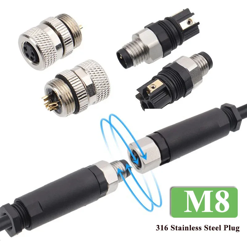 Waterproof M8 316 Stainless Steel Connector IP67 3Pin 4Pin Anti-rust Anti-corrosion Assembled Aviation Plug Soldering-free Joint