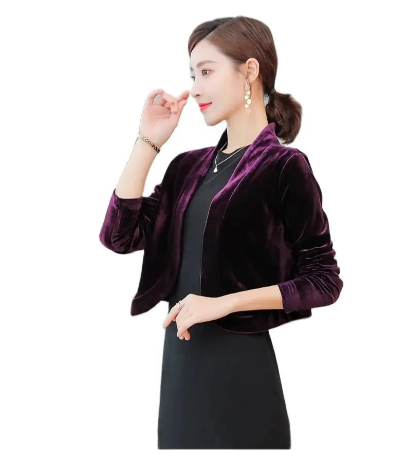 Shrugs For Womens Black Purple Ladies Cropped Velvet Long Sleeve Party Bolero Wedding Jacket Cardigan Outwear Top Cover Up Coat