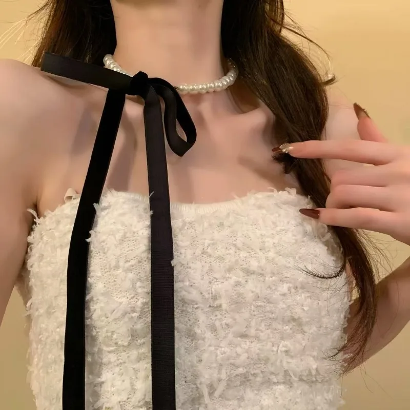 Dreamy Ribbon Choker Collection for Girls Korean Hand-Tied Bows Delicate Beadwork Sweet Aesthetic Adjustable Collarbone Chain