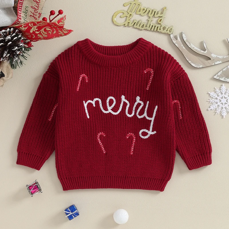 Baby Boys Girls Christmas Sweaters Cute Long Sleeve Candy Cane Merry Embroidery Knitwear Pullover Infant Sweaters Tops Clothes