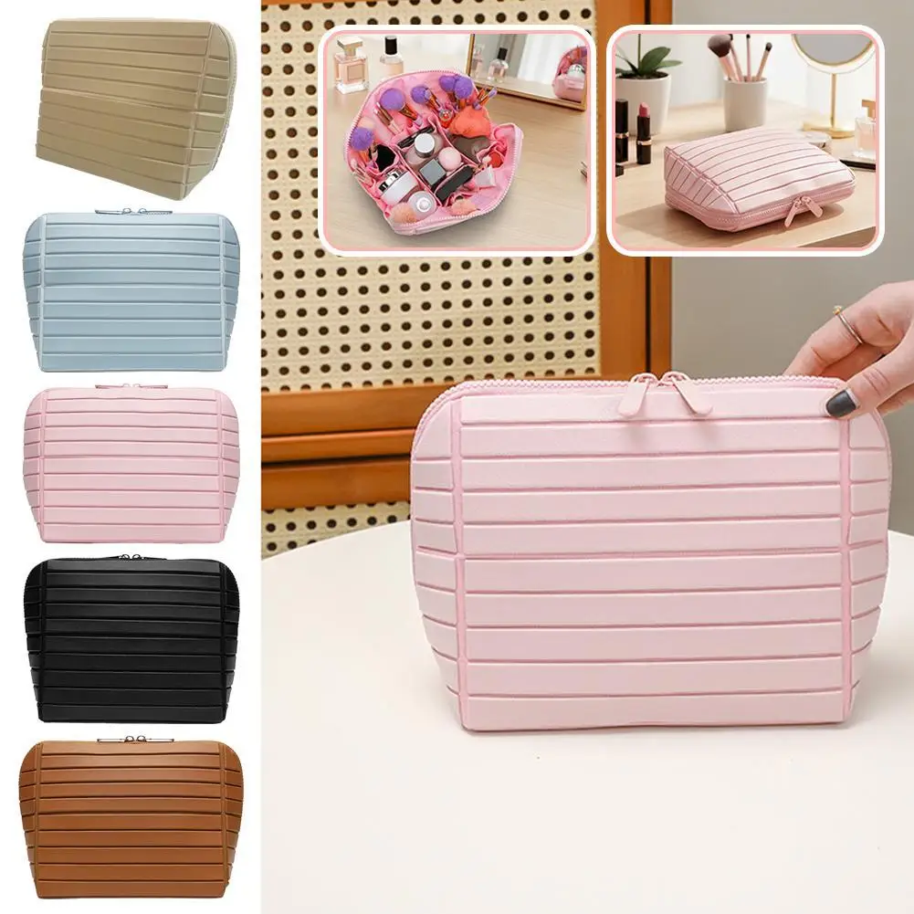 Striped PVC Storage Bag Stylish Large Capacity Cosmetic Bag With 3D Visual Effect Portable Travel Practical Makeup Bag Daily Use