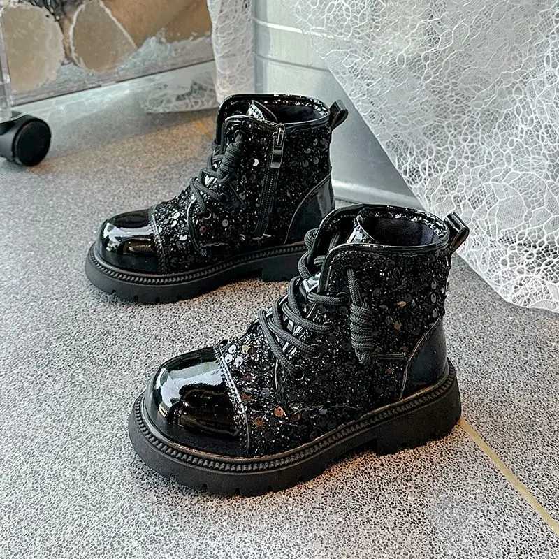 Girls Ankle Boots 2026 Spring Autumn New Thin Leather Fashion Trendy Style Sequins Boots Kids Shoes