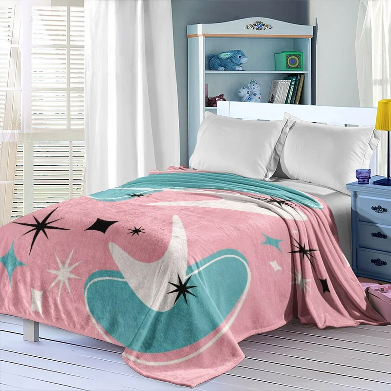 Mid Century Pink Base Turquoise Abstract Star Shape Print Flannel Blanket Soft Throw Sofa Bedroom Indoor Daily Home Warm Gift