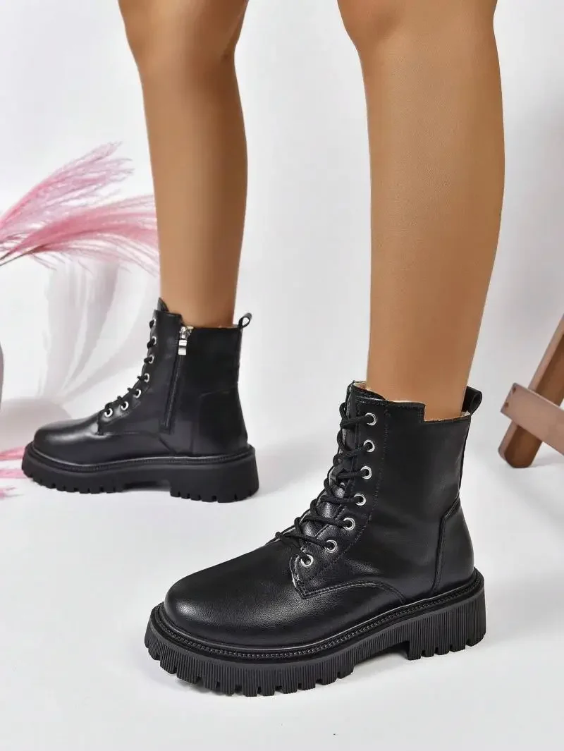 

Winter 2025 Lace Up Pu Leather Motorcycle Woman Plus Size Short Booties Shoes Thick Warm Long Plush Ankle Boots for Women