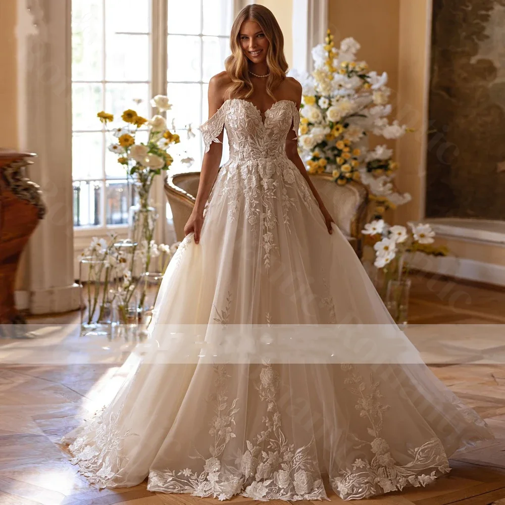 

Romantic Customized Wedding Dress Sweetheart Off Shoulder A-Line Sleeveless Lace Applique Bride Dress For Women Vestido De Noiva