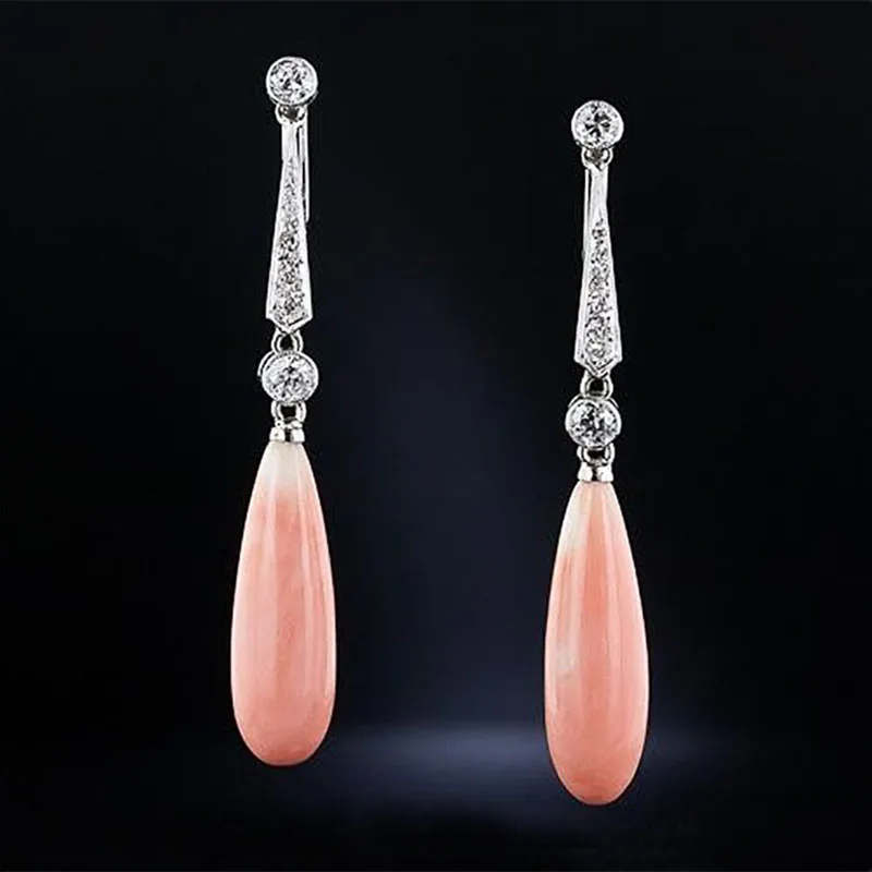 Delicate Long Teardrop Pink Orange Stone Earrings Artistic Jewelry Bright Silver Color Crystal Coral Statement Earring Femme