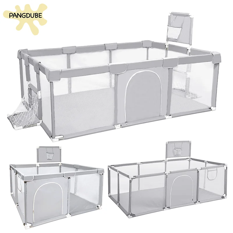 PANGDUBE Corralito para Bebés de Gran Tamaño, Barrera de Seguridad para Bebés, Centro de Actividades Interior para Niños Pequeños, Área de Juegos Interior con Portería de Fútbol y Aro de Baloncesto, Tubos Más Gruesos y Más Estables, Tela Lavable