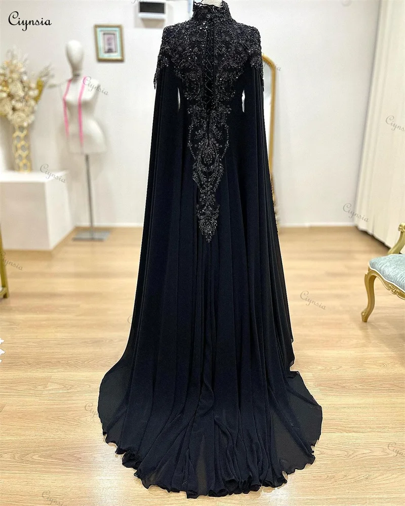 Ciynsia Arabic Muslim Black Long Sleeve Wedding Dress Women Elegant Luxury Bridal Dresses with Cape Lace Bead Chiffon Bride Gown