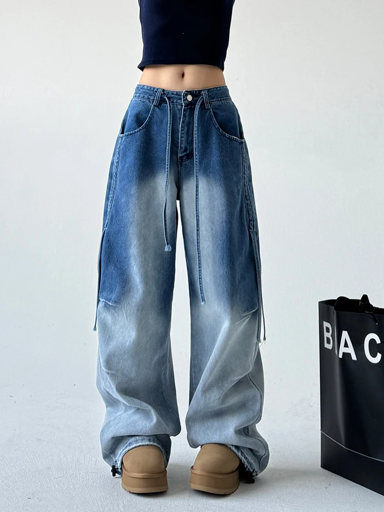 American Retro Color Blo Dstring Loose Straight Leg Jeans Women Winter Street Sle Long Trousers High Waist Cotton Stre...