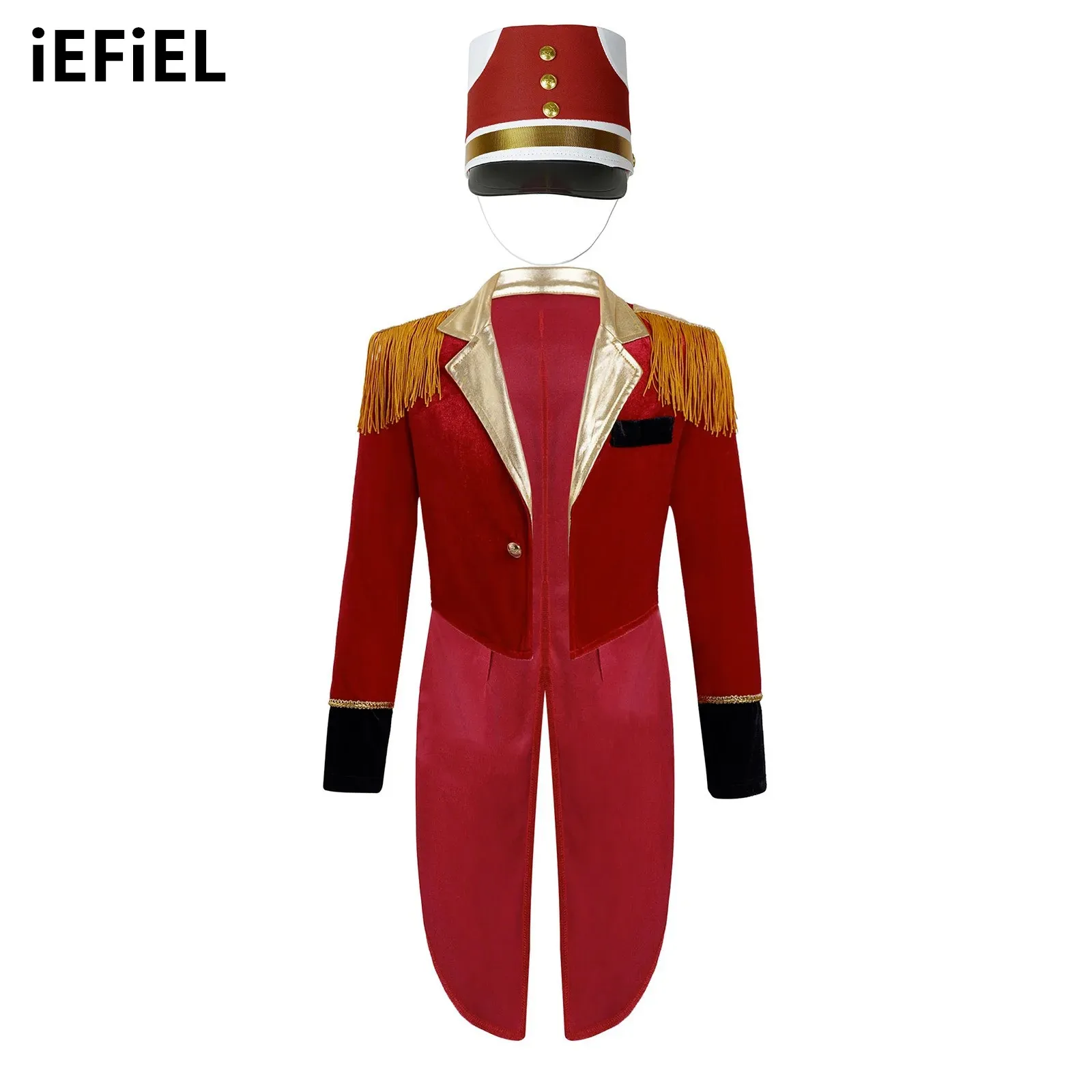 

Kids Boys Drummer Conductor Costume Set Marching Band Long Sleeve Lapel Tassel Shoulder Tailcoat Jacket with Hat