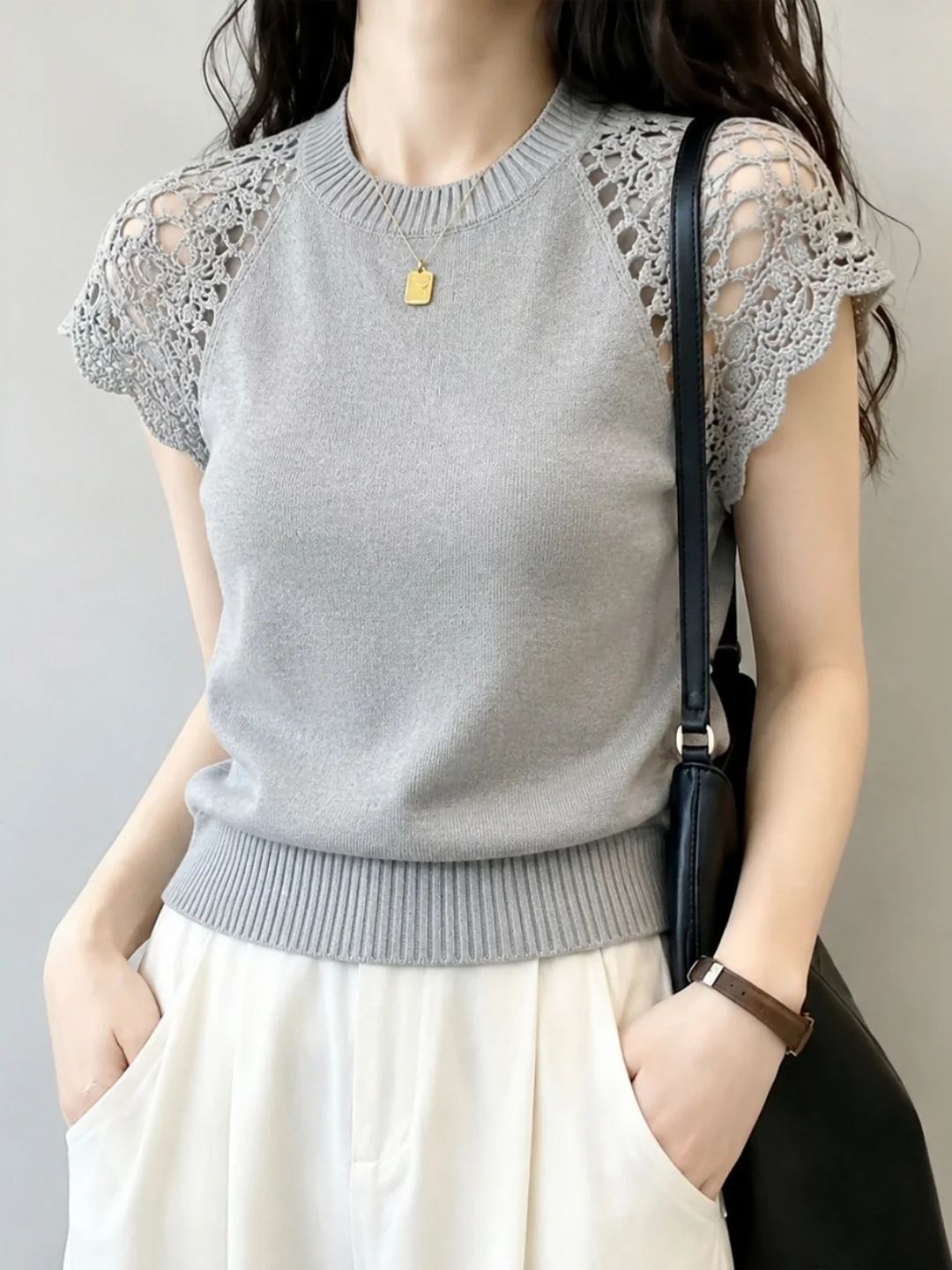 

Ice Silk Knitted Top Fashionable Hollow out Short Sleeve Versatile Commute Style Korean Version Straight Cut Summer Shirt