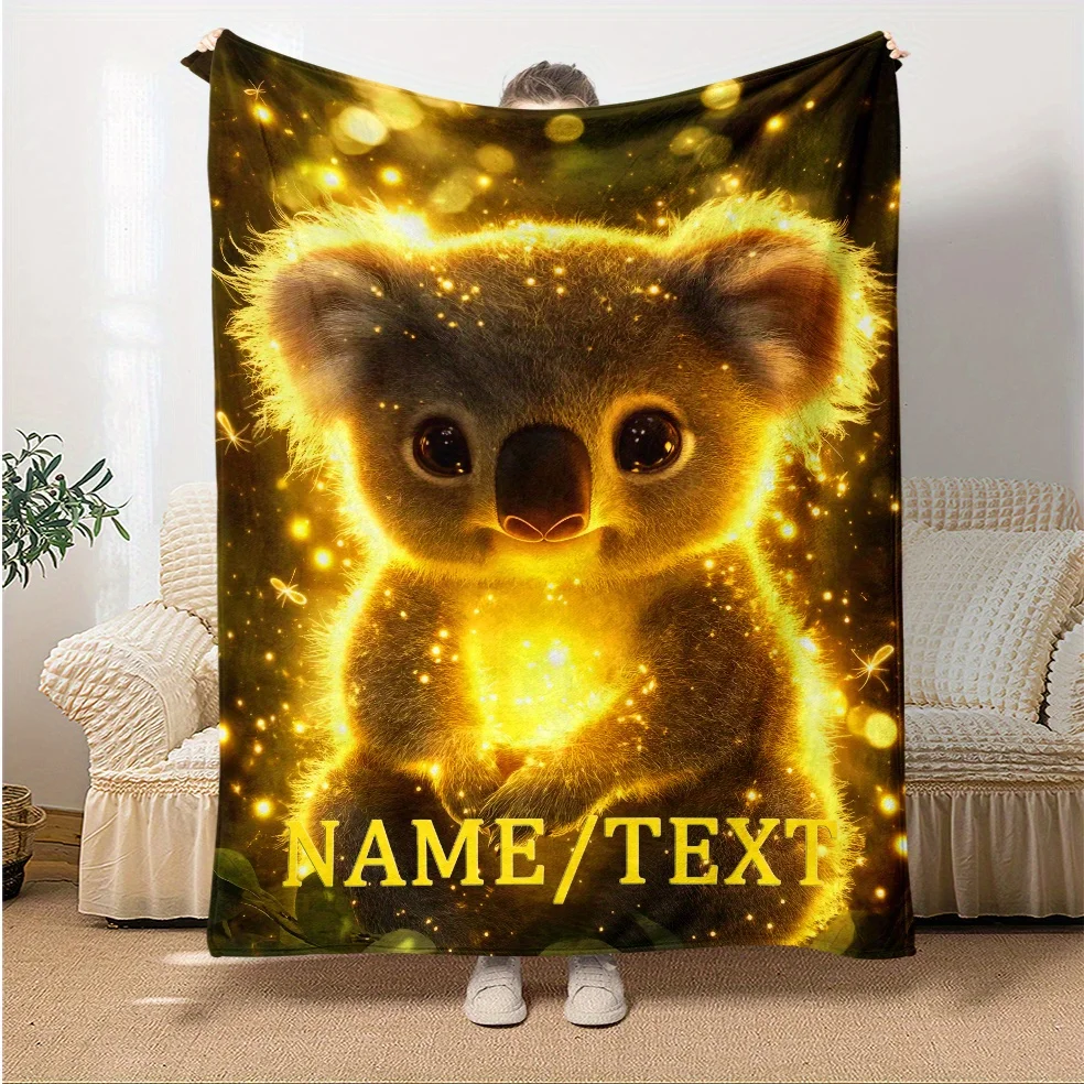 Personalized Glowing Koala HD Print Blanket - Soft & Warm Flannel Throw for Travel, Sofa, Office | Custom Name/Text