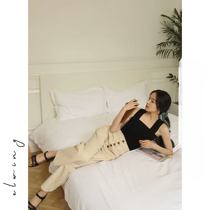 

Elwing Original Black Knitted Strap Vest Women's Spring New Style Wide Shoulder Strap Slim Fit Short Inner Wear Commute Style