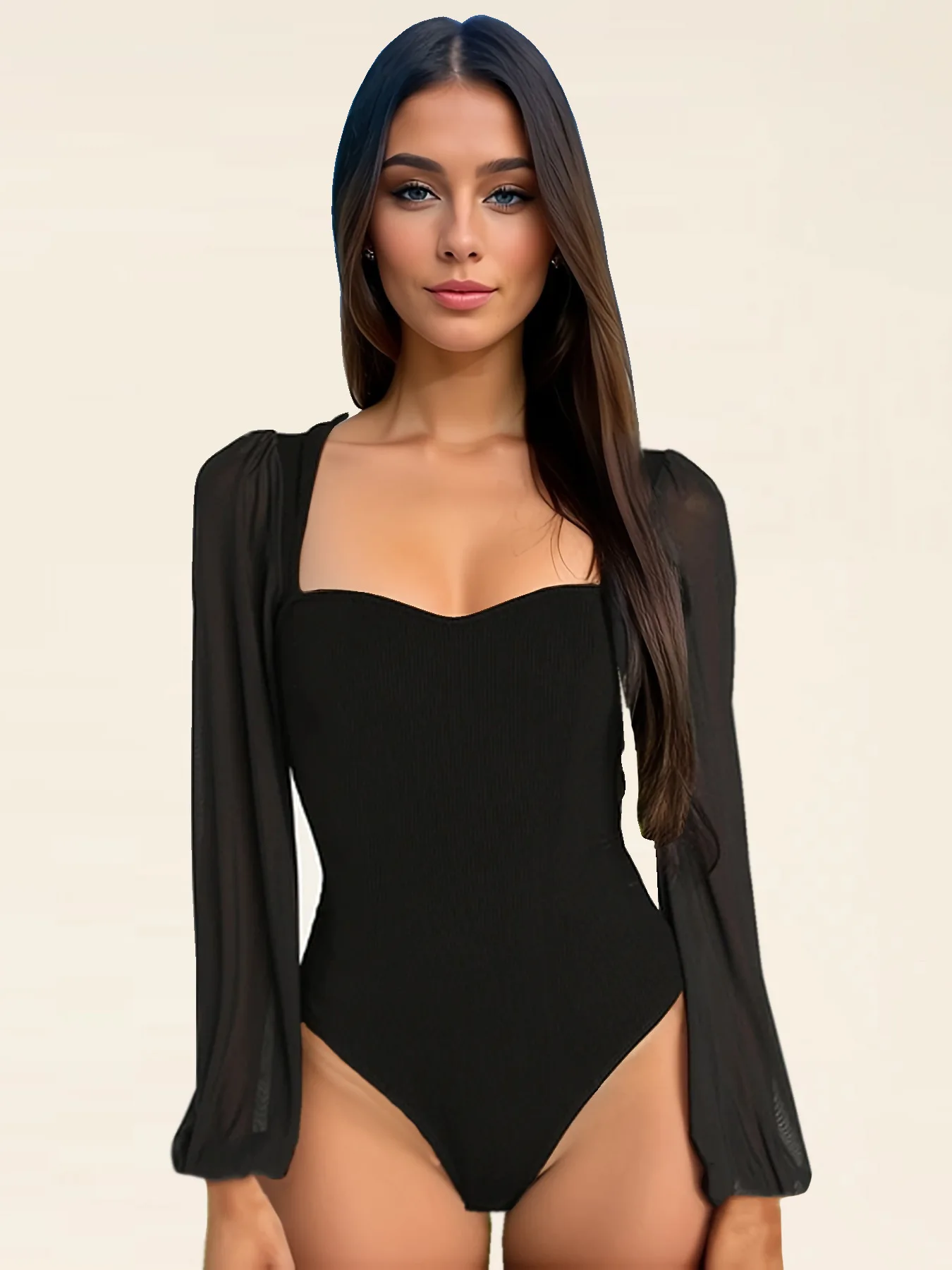 Sexy Elegant Chic Mesh Sleeve Bodysuit Women Autumn Tops 2025 New Black White Slim Bodycon Bodies Office Lady One Piece Outfits
