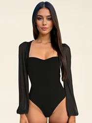 Sexy Elegant Chic Mesh Sleeve Bodysuit Women Autumn Tops 2025 New Black White Slim Bodycon Bodies Office Lady One Piece Outfits