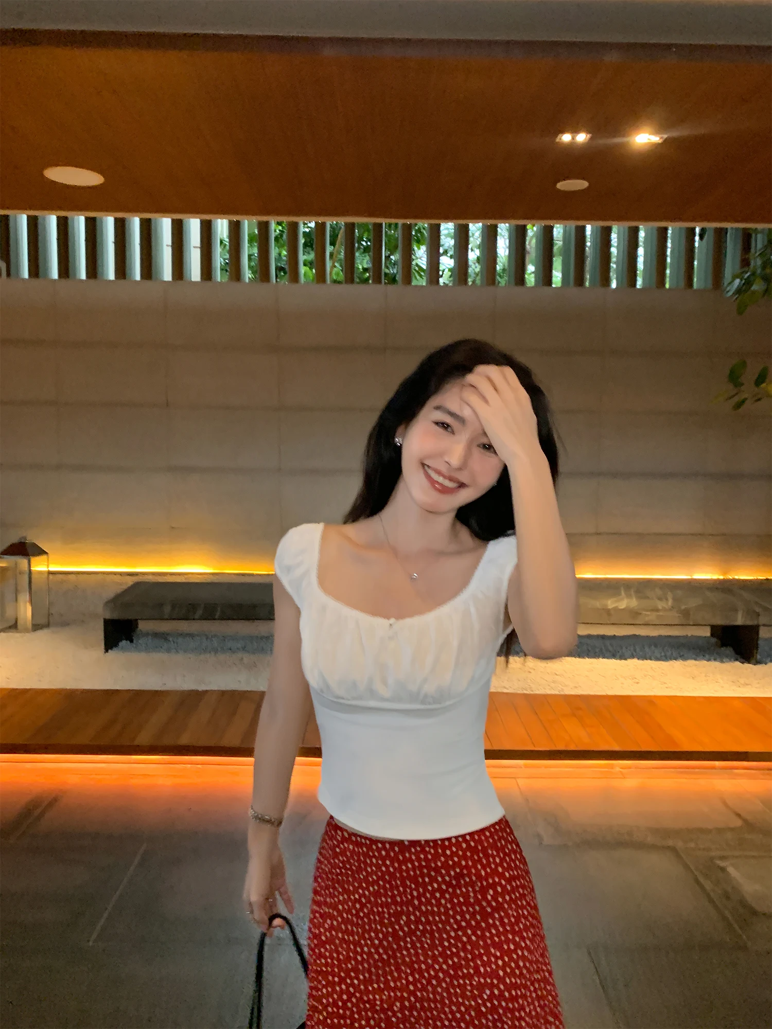 

Pusumede Heart Song Design Square Collar Short Sleeve T-Shirt Women Hollow Embroidery Short Bubble Sleeve Cotton Summer Top