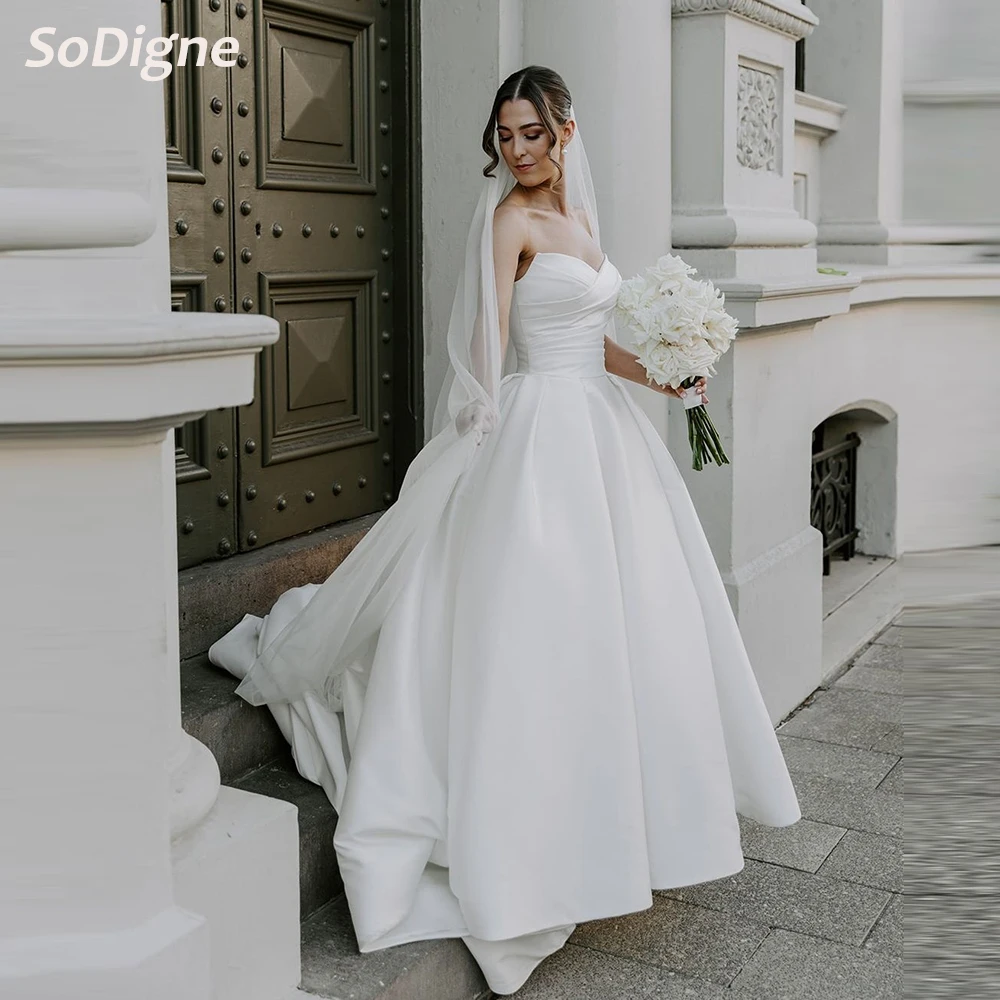 

SoDigne A-line Satin Simple Wedding Dresses Sweetheart Sleeveless Pleat Bridal Dress Long Bride Gown Robe De Mairee Customized