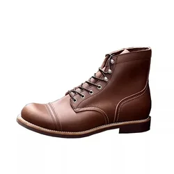 Botas masculinas vintage de couro de vaca com asas escuras, botas casuais de motocicleta de qualidade redondas, vermelhas, soldas Goodyear, masculinas, novas