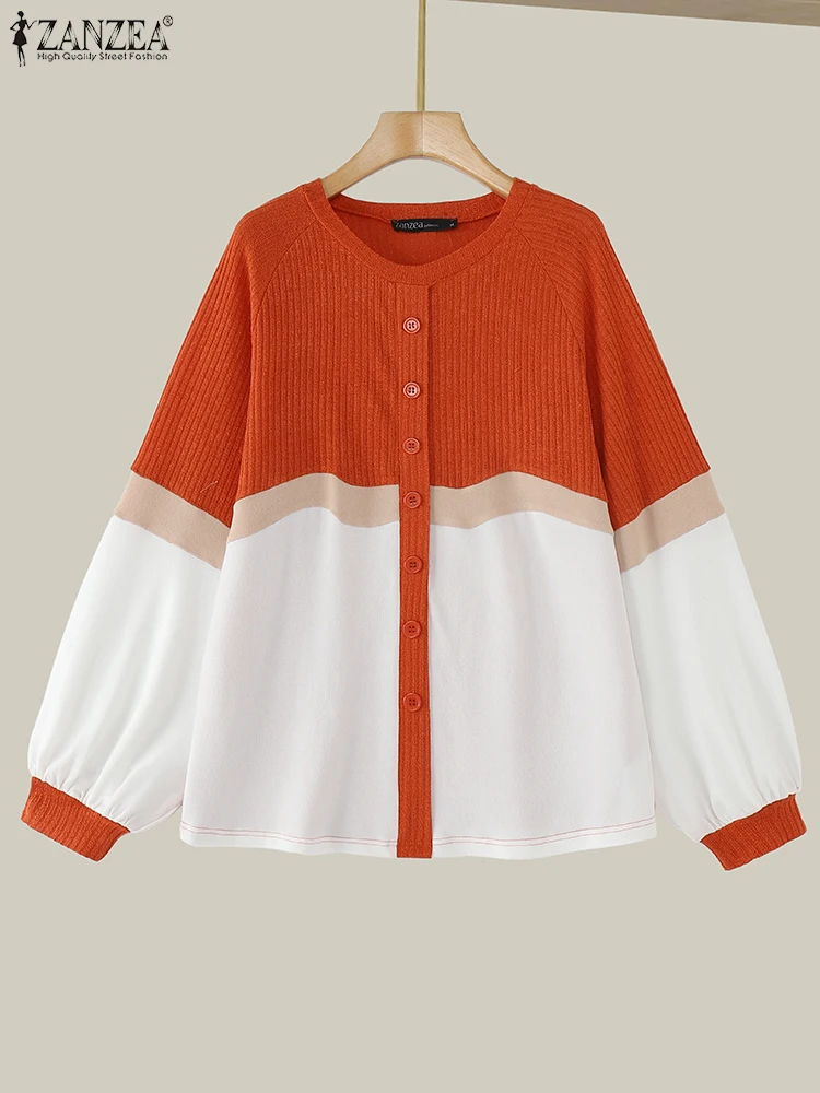 

ZANZEA 2025 Fashion Women Knitted Patchwork Blouse Autumn Colorblock Long Sleeve Tops Vintage Korean Tunics Blusas Femininas