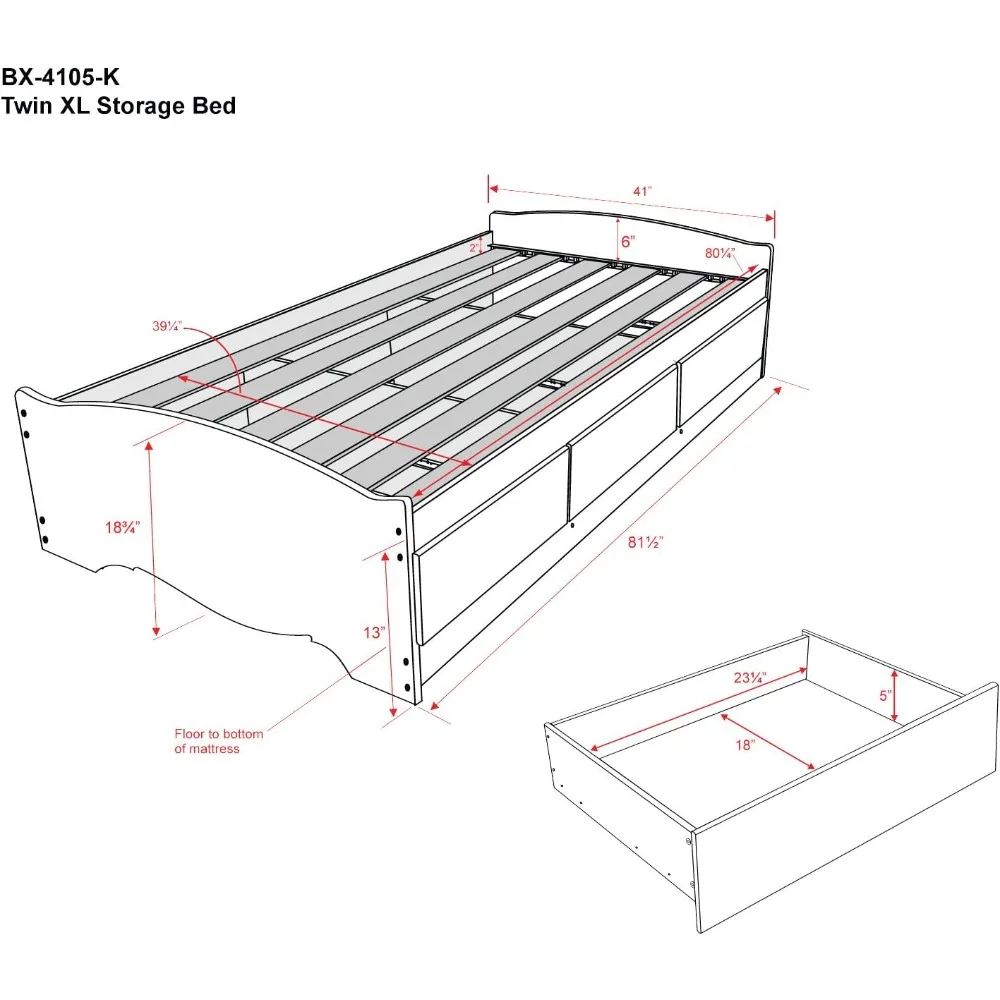 Prepac Mate's Twin XL 3-Drawer Minimalist Platform Storage Bed, Contemporary Twin XL Bed with Drawers 81.5