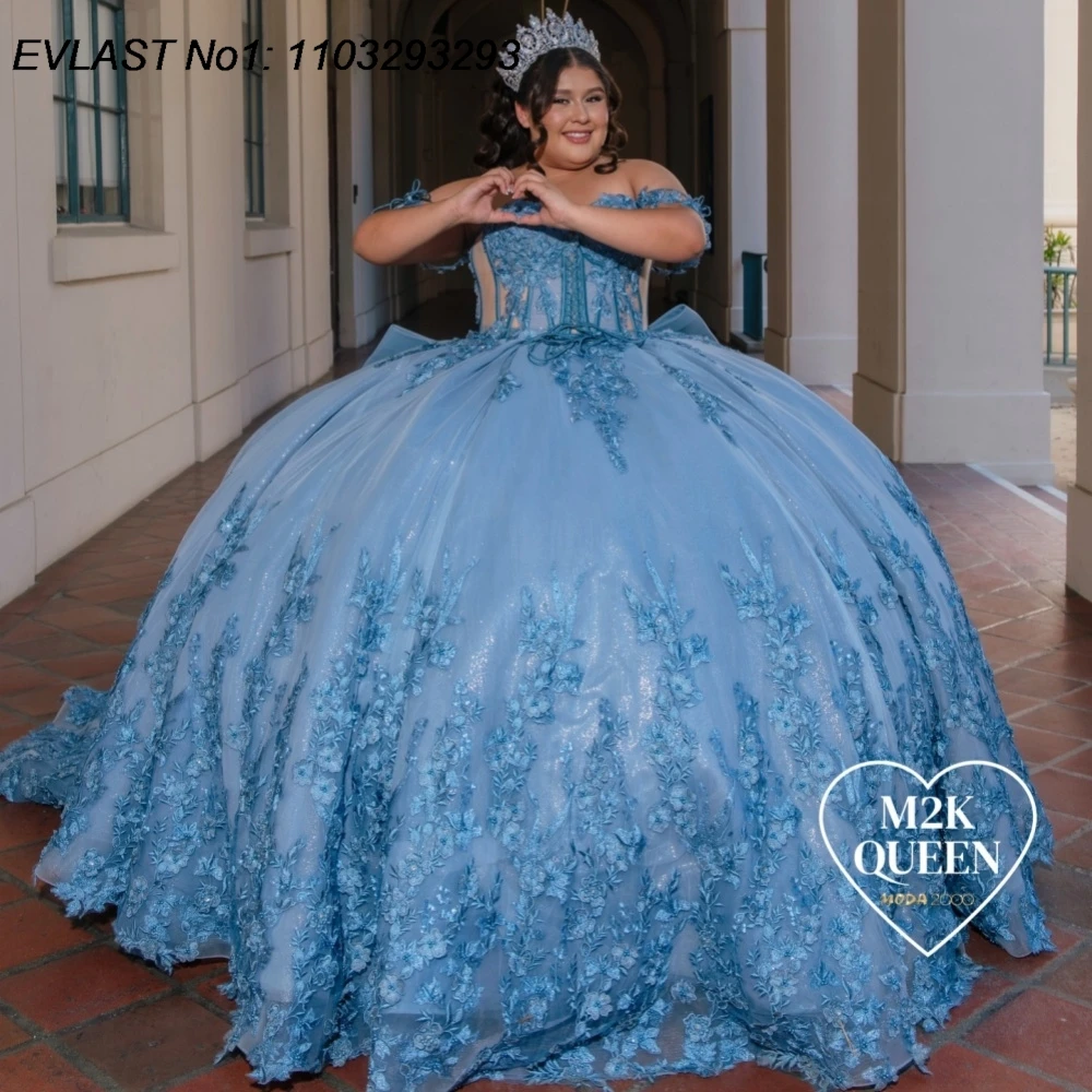 

Индивидуальное синее платье EVLAST для Quinceanera с блестками, бальное платье с цветочными аппликациями, бисером, бантом и корсетом, для Sweet 16, Vestidos De 15 Anos AQ191