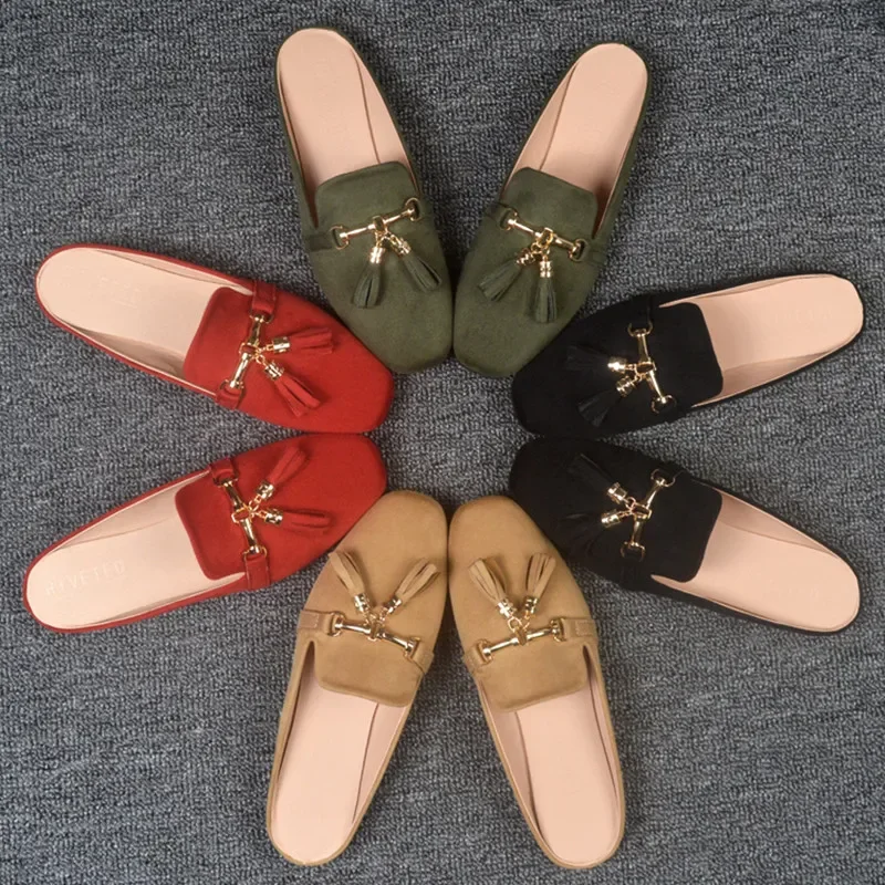 Lady Metal Tassel Round Toe Slippers Flock Outdoor Slides Comfortable 2022 New Arrivals Fashion Brand Shoes Plus Size 44 38 Grey