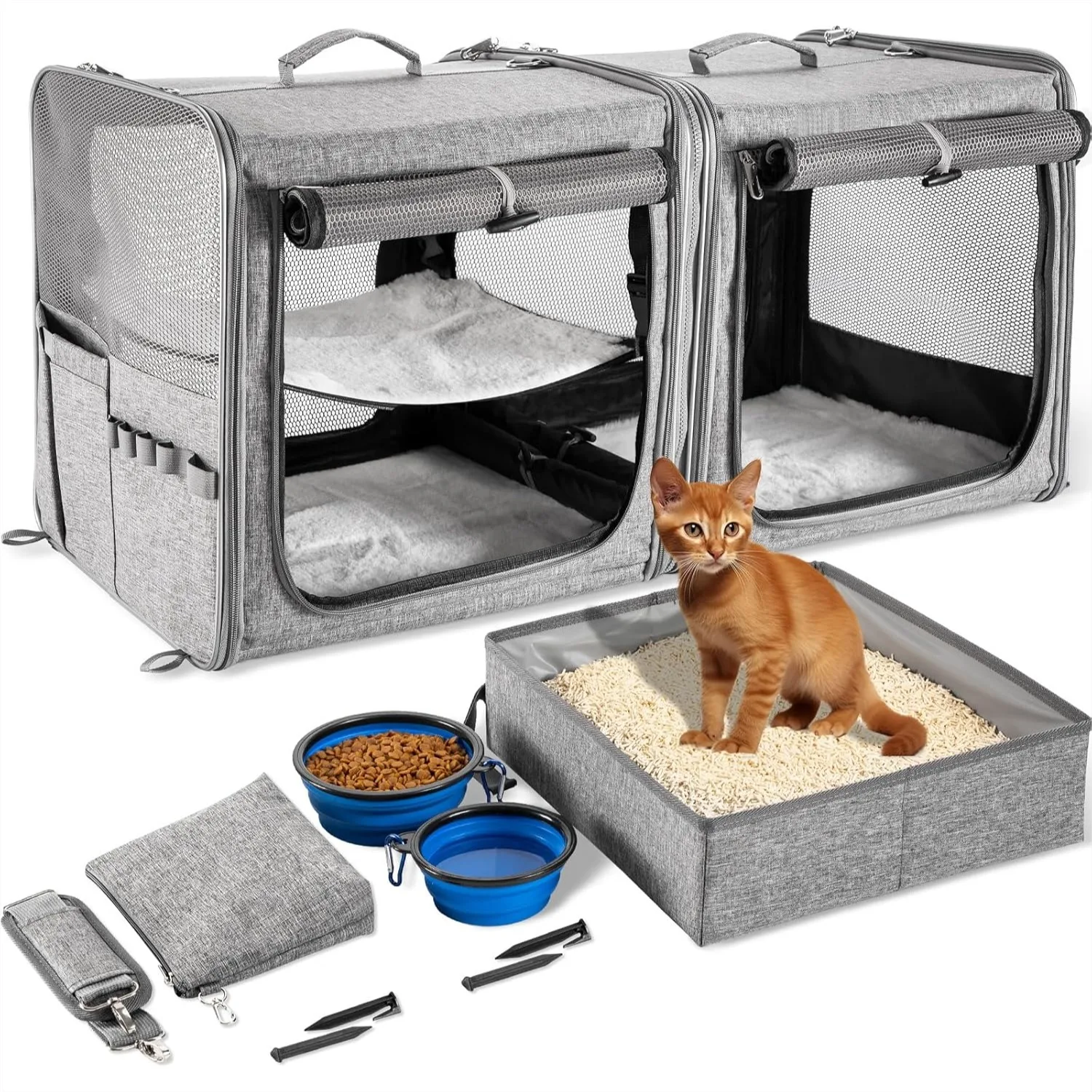 

Large Cat Carrier for 2 Cats with Zipper Locks, Double Pet Travel Carrier with Litter Box, Soft-Sided for Small Dogs Up to 45