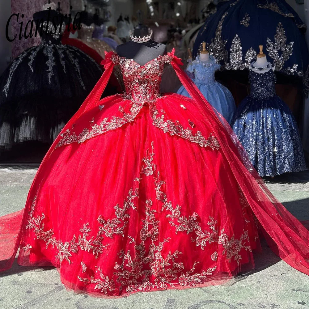 

Красное мексиканское платье Quinceanera с накидкой роскошная аппликация бабочки vestido 15 quinceañeras корсет на шнуровке для выпускного вечера