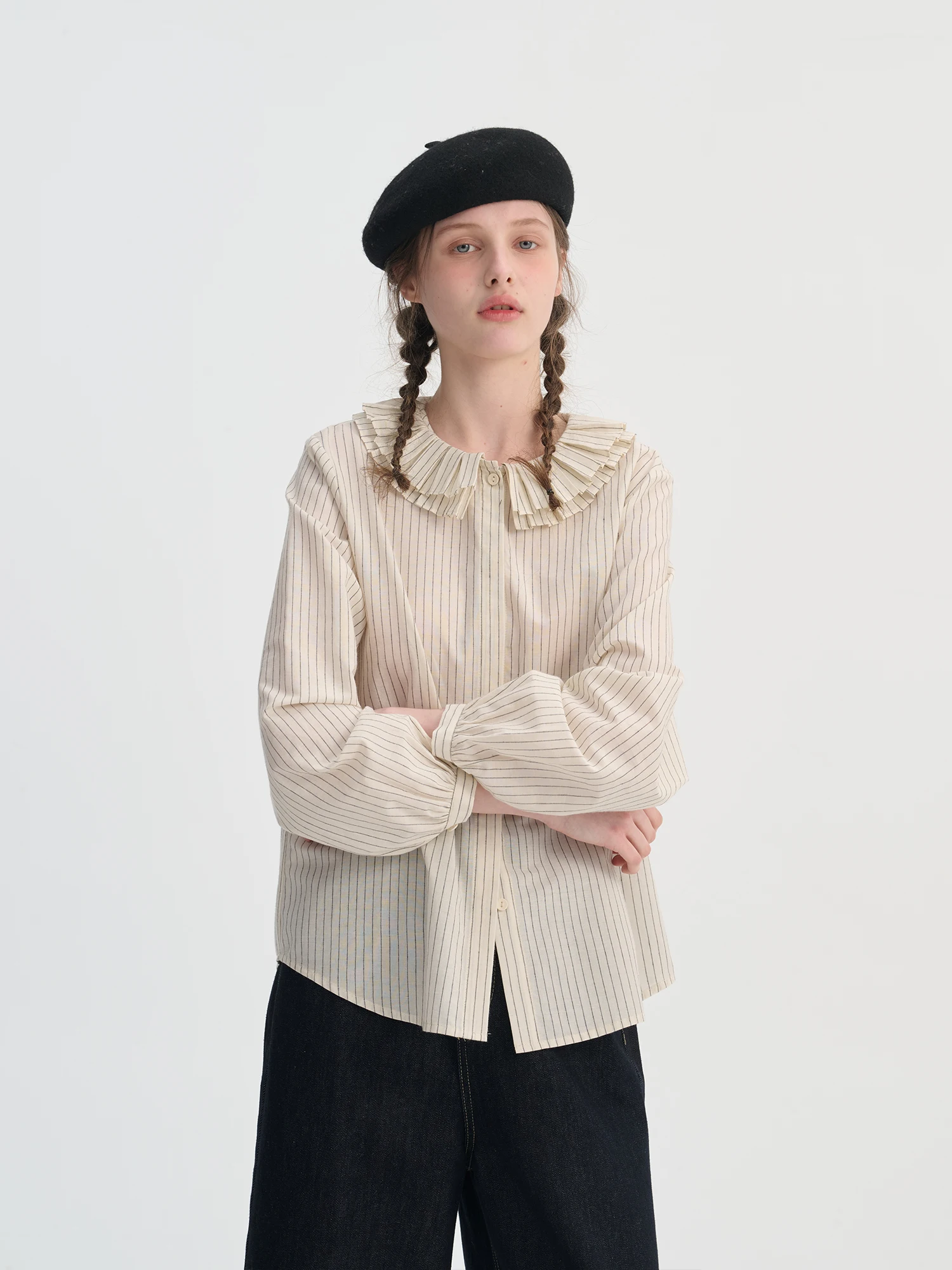 

Sullenger Women's Long Sve irt Pleated Double Layer Collar Design Striped Lace Spring Single Button French Sle Cotton ...