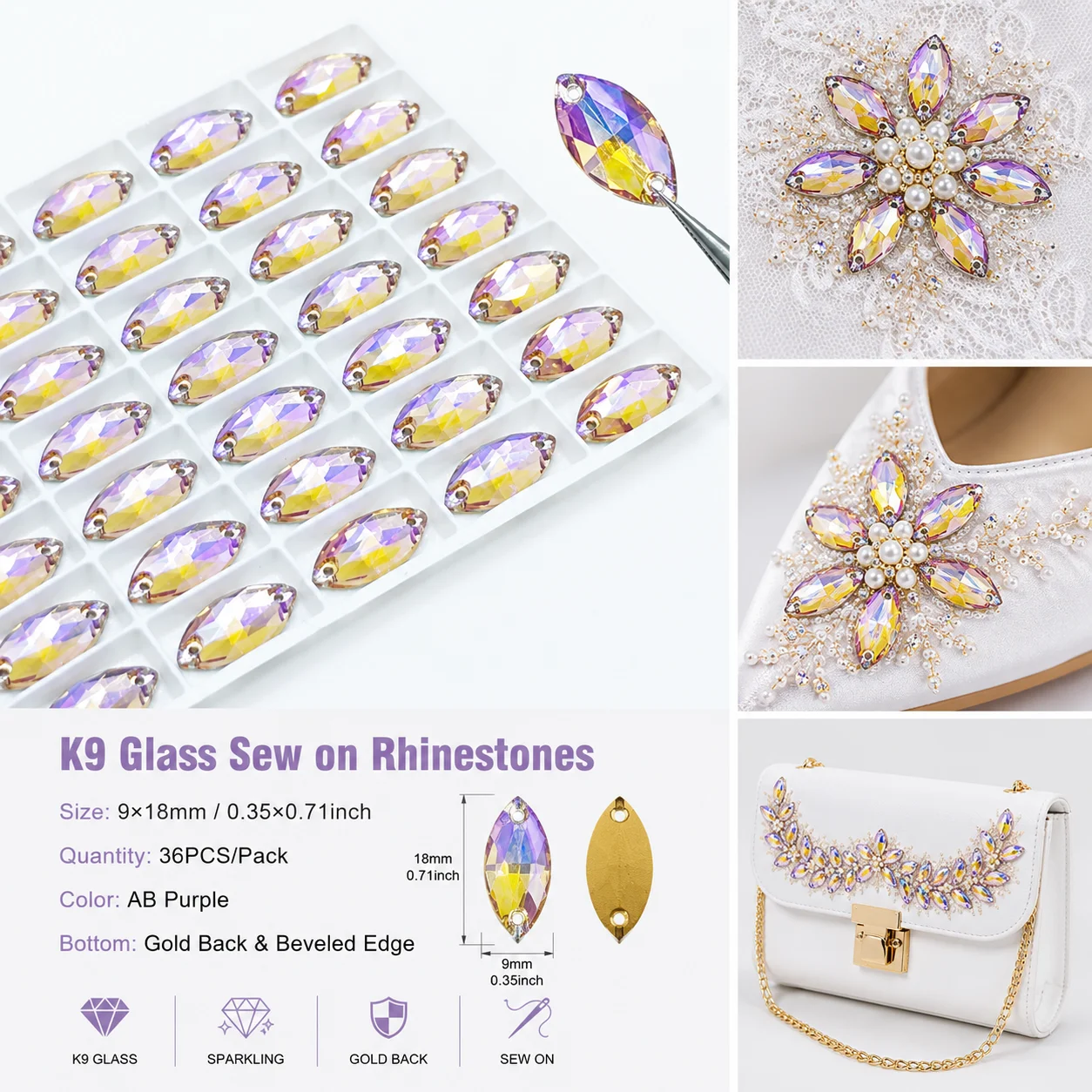 5A Bevel Glass Sew-On Rhinestones Nevette Loose Sewing 9*18mm 36Pcs/Package For DIY Garment & Shoes Bags Sewing Accessories