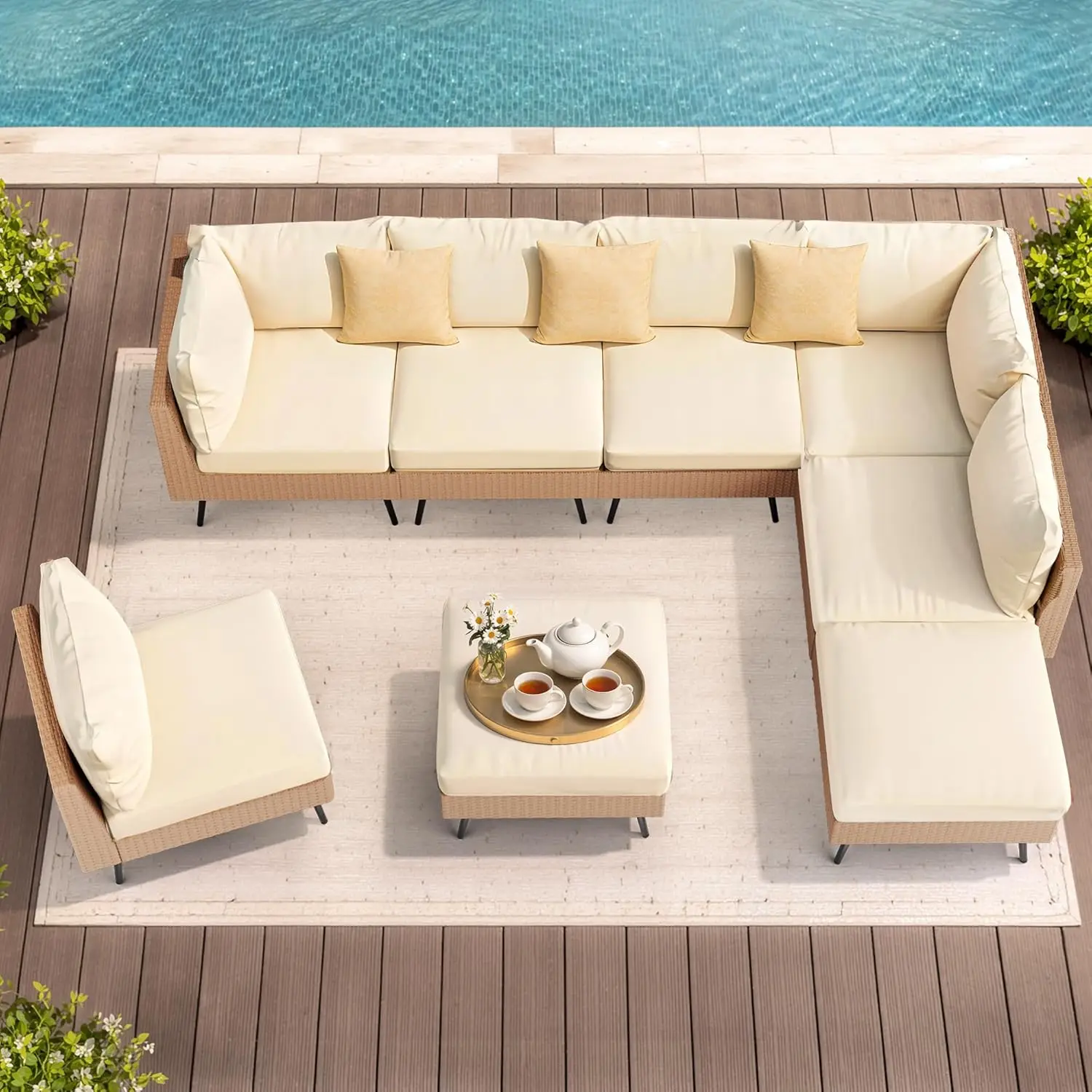 #8-Piece Wicker Outdoor Furniture Set, All-Weather Patio Conversation Set with Thick Cushions & 2 Multi-Use, Customized