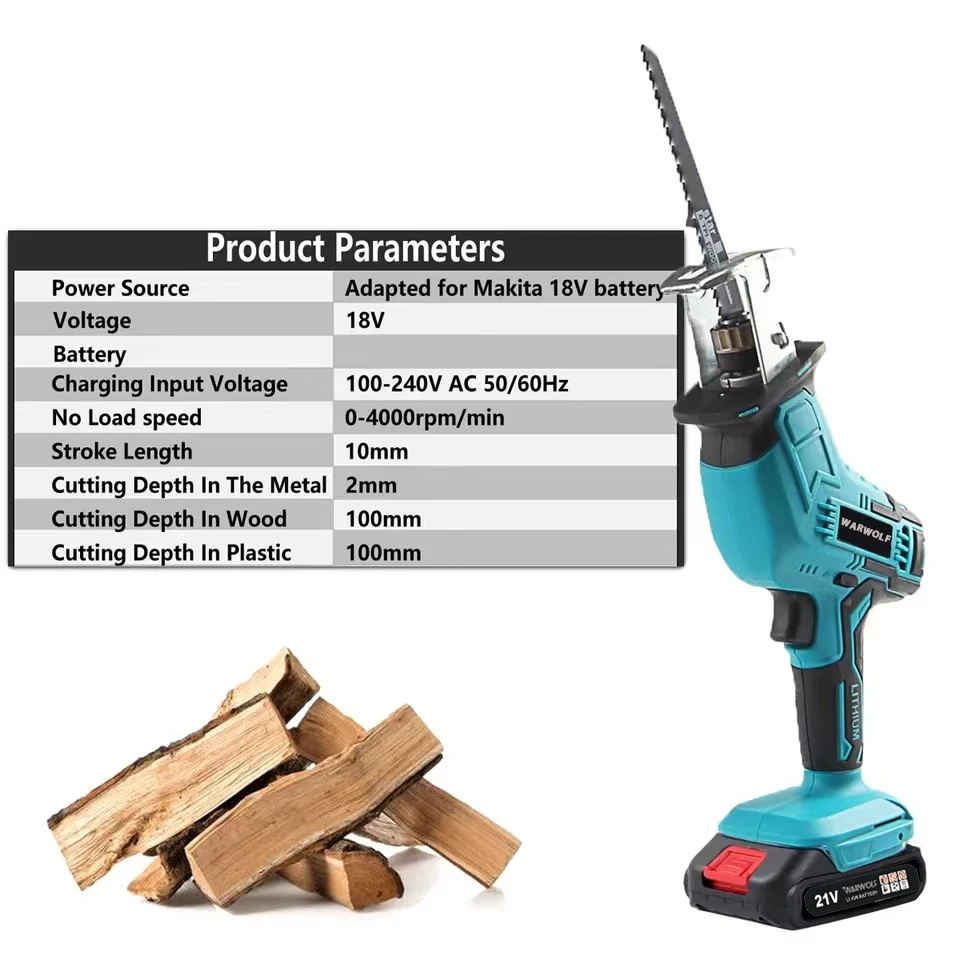 Cordless Reciprocating Saw Wood/Metal Cutter Woodworking Tool Rechargeable Electric Saw Power Tools for Makita 18V Battery