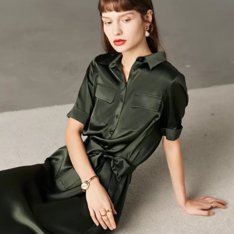 Birdtree, 100%  Silk Solid Dress,Short Sleeve,Women's Plain Satin Lapel Loose Tie Dress,Side Slit,2025 New D5D920JF