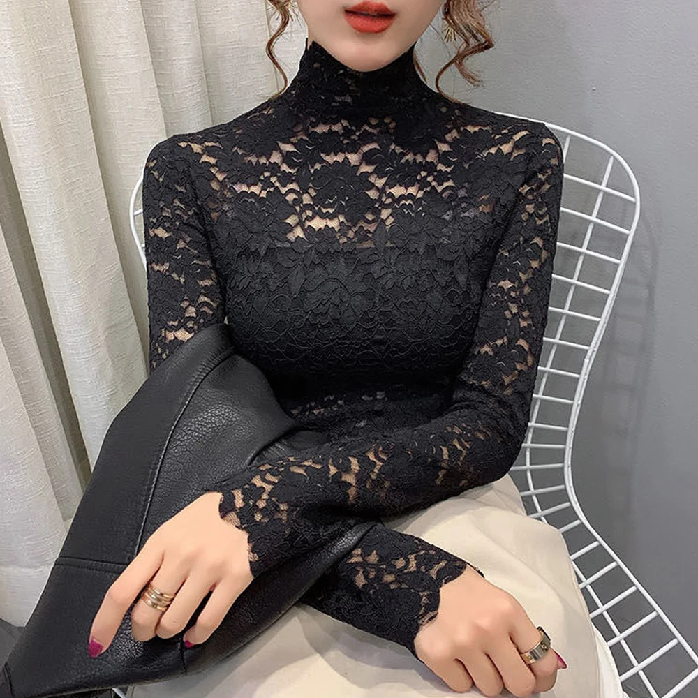 New Turtleneck Petal Sleeve Shirt Women Stretch Flowers Lace T Shirt Women Blusas Mujer De Moda S-2XL Size Tops Fashion Ladies