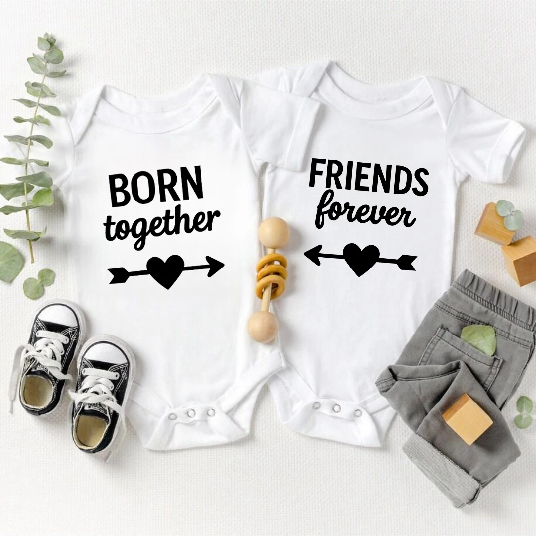 Born Together Friends Forever Printed Baby Bodysuit Cotton Twins Infant Clothes Short Sleeve Newborn Romper Baby Shower Gift