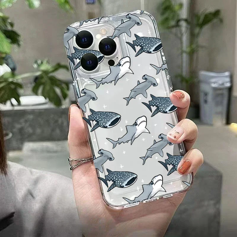 Summer Ocean Animals Shark Dolphin Fish Transparent Phone Case For iPhone 16 Pro Max 15 14 Plus 13 12 11 Shockproof Bumper Cover