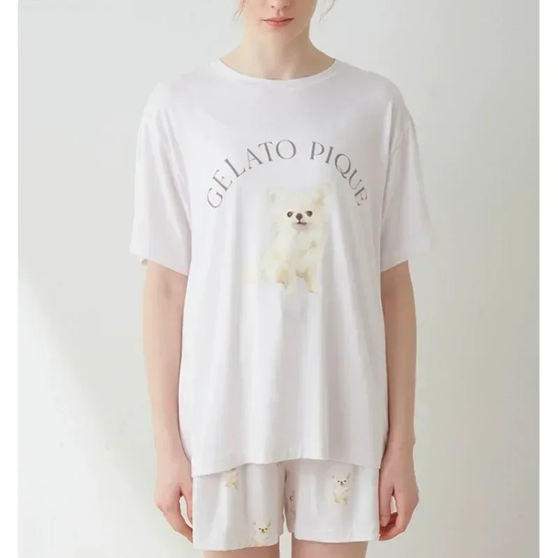 2024 Summer Home Fury Set Cute Dog Simple Short Sleeved T-shirt Women's Shorts Two Piece Set Can Be Worn As Pajamas