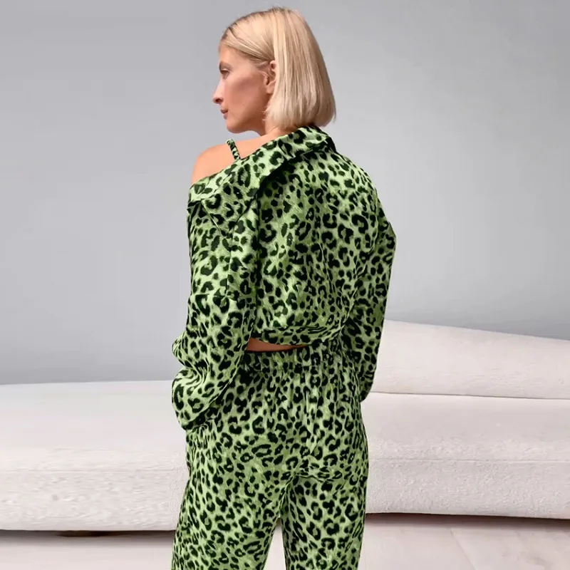 Wholesale Leopard Print Three Piece Loungewear Matching Set Comfortable Pajamas Shirt Trousers Autumn Winter Loose L Size Cozy