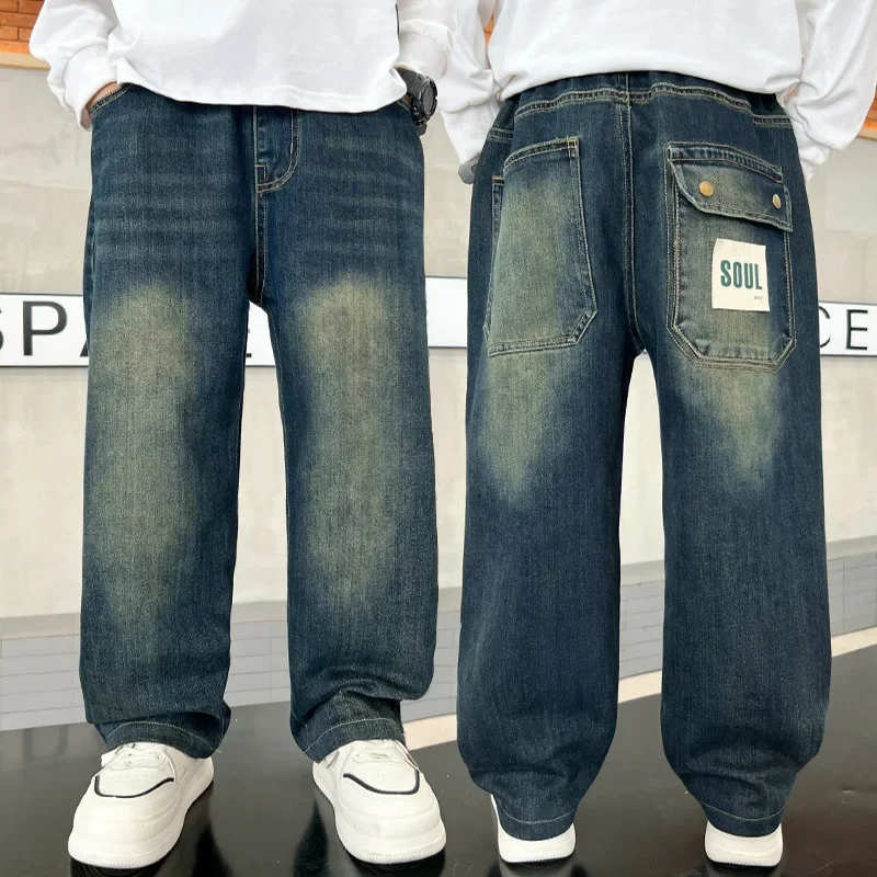 Boys Denim Pants Spring and Autumn 2025 New Teenager Children Loose Straight Jeans Boys American Handsome Wide-leg Pants