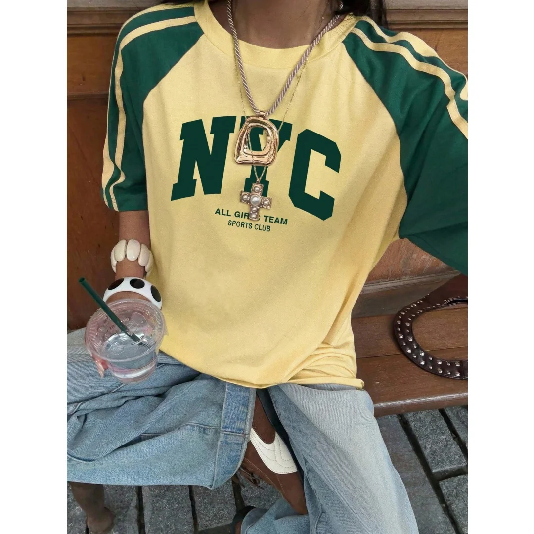 Women's Letter Print Raglan Sleeve T Shirt Casual Preppy Stylish Top Retro Sporty Contrast  Color Fashion Streetwear Tee