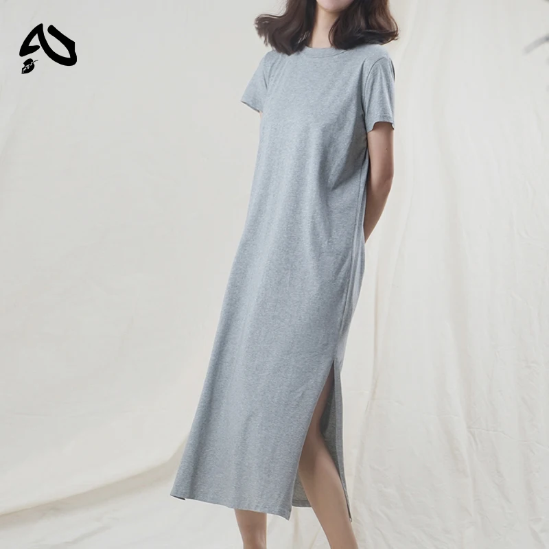 Original Casual 94% Cotton Summer Women\'s Dresses Solid Short Sleeve Spilt Long Midi Dress Fashion Sundress Female Clothing