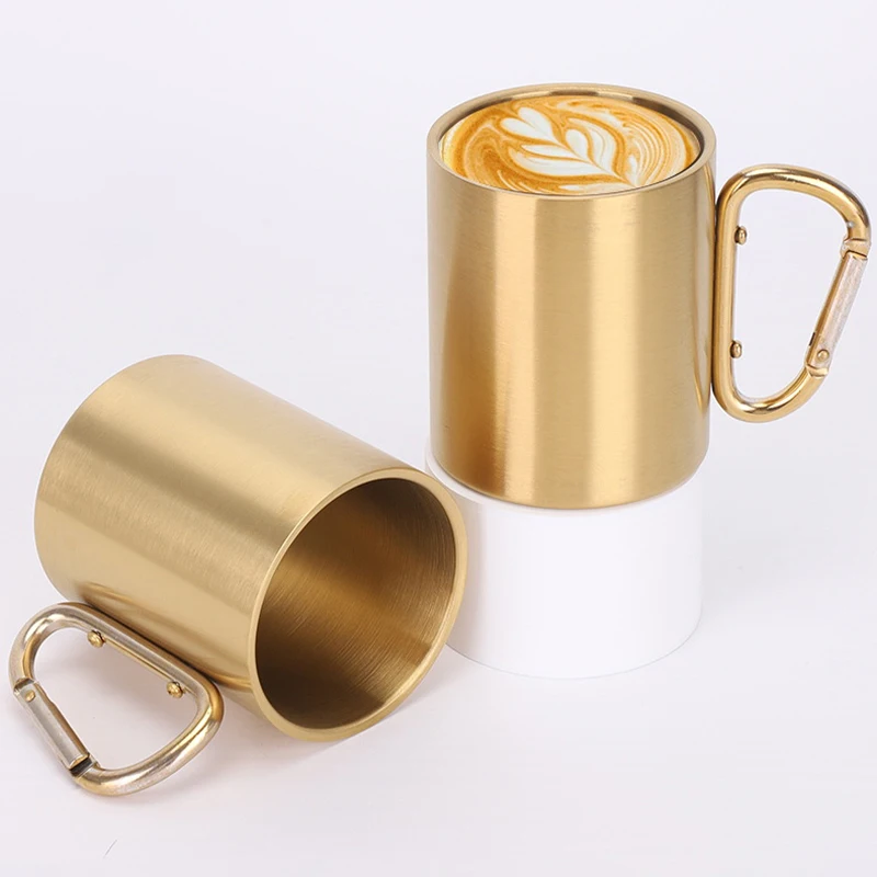 Stainless Steel Portable Travel Mug, Double-Walled Mountaineering Cup With Carabiner D-Ring Self-Locking Hook Handle Cup