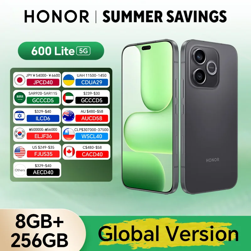Novo HONOR 600 Lite 5G Versão Global Original 8GB+256GB Tela AMOLED de 6.6'' Câmera Principal de 108MP Bateria de 6520 mAh 45W SuperCharge NFC